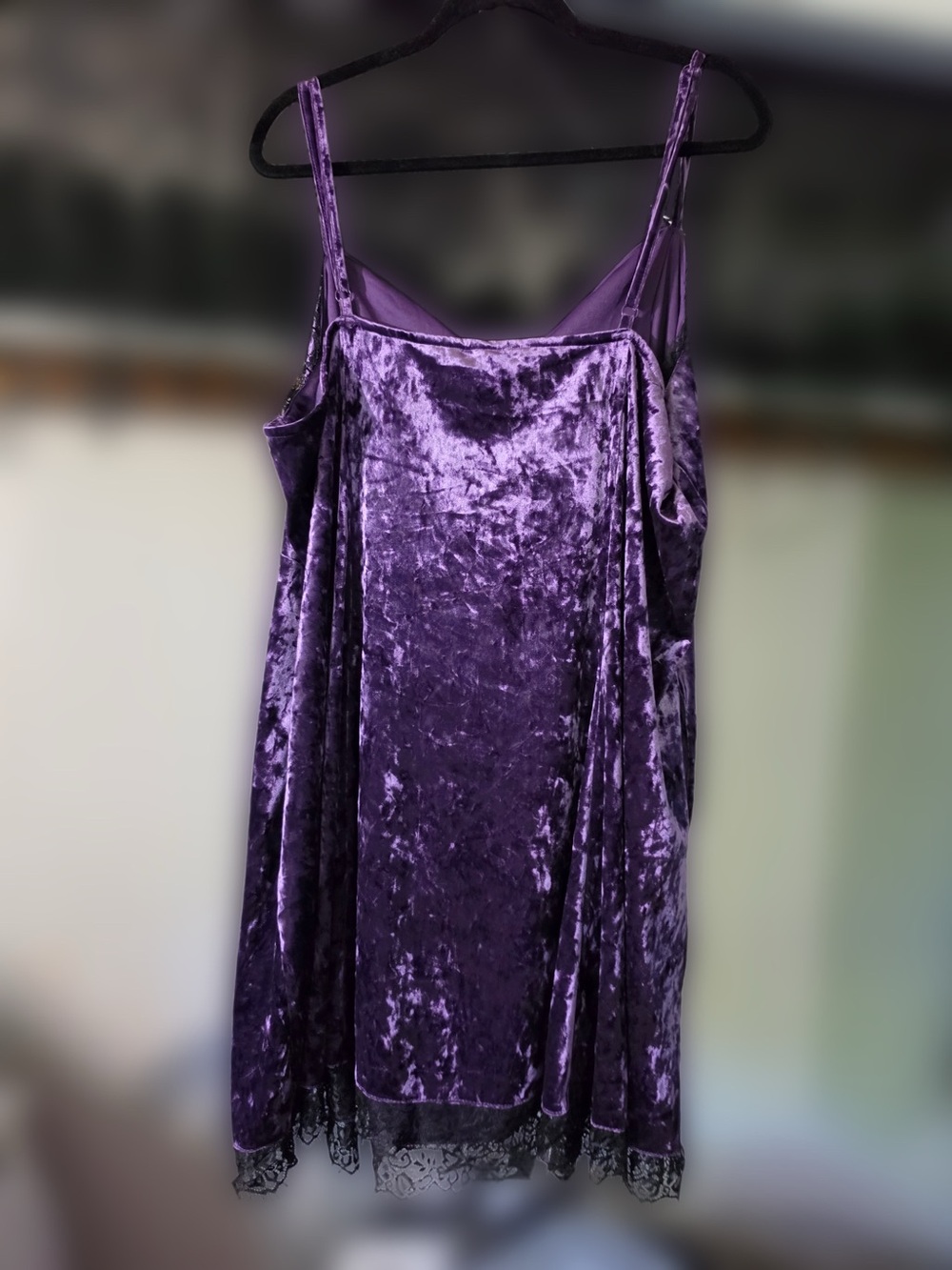 Aura Plus Size Crushed Velvet Chemise with Black Lace - Purple - Picture 3 of 5
